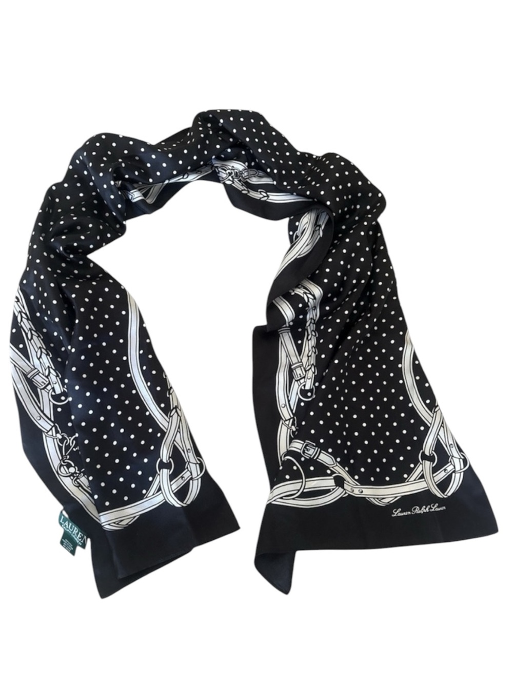 Lauren Ralph Lauren navy blue white polka dot equestrian silk rectangle scarf